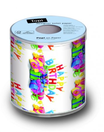 Mitbringsel für die Geburtstagsparty. Happy-Birthday-Toilettenpapier